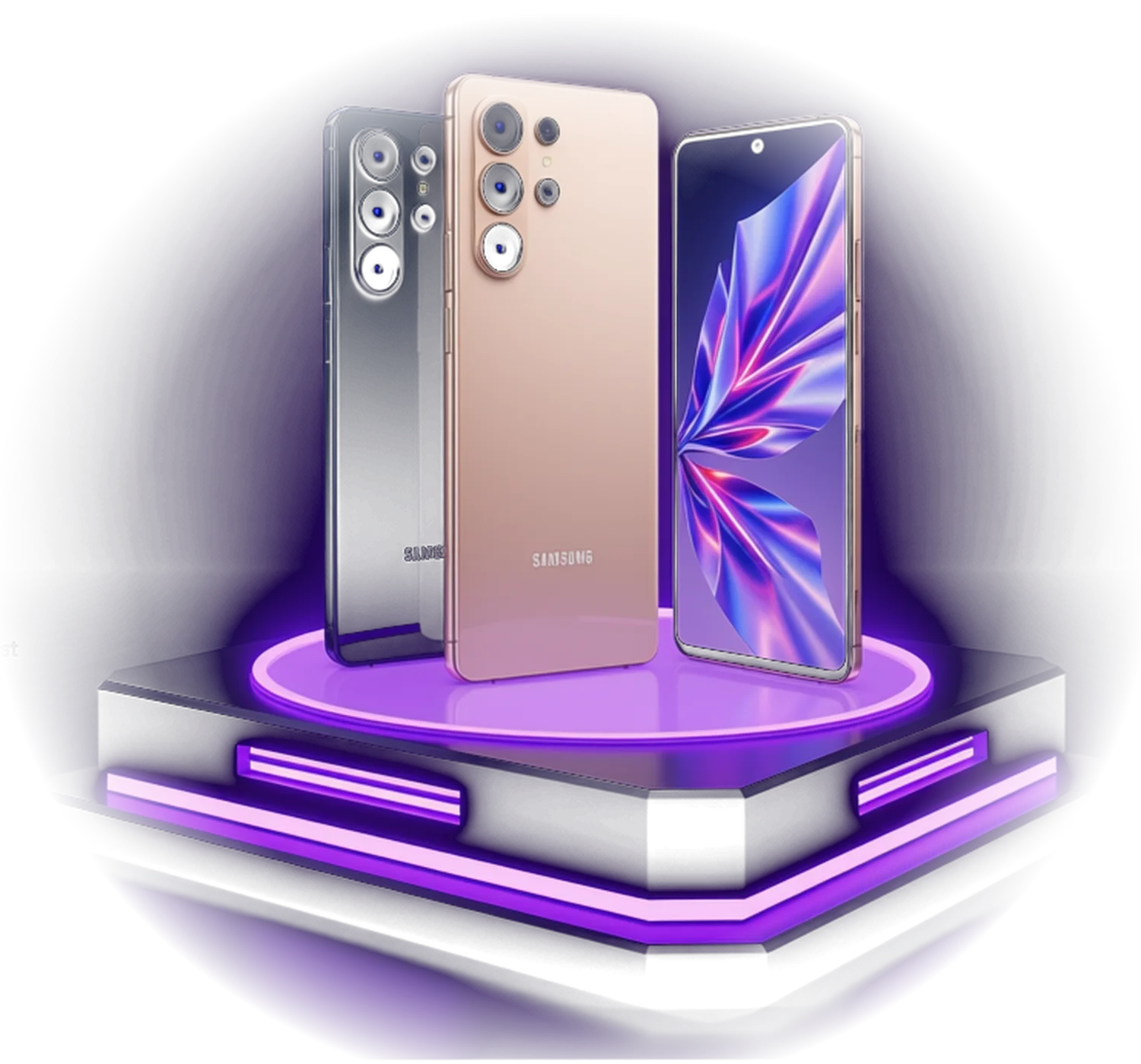 Galaxy S26 Ultra, Pixel and OnePlus flagships on a lit podium